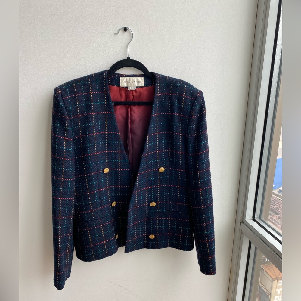 Jones New York Checkered Blazer with Gold Accents